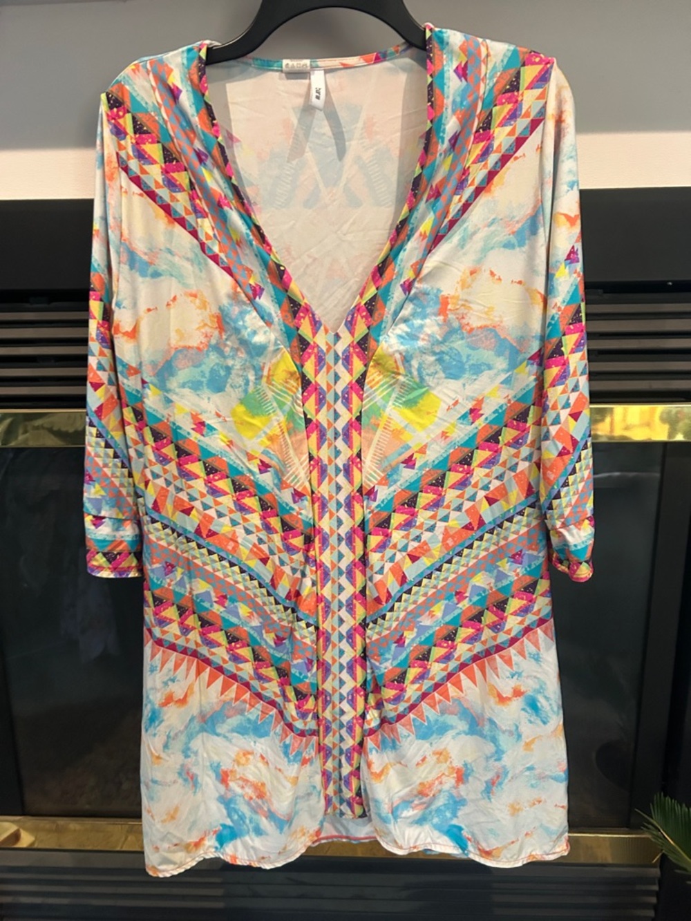 Bar III Multicolor Geometric Hooded Swim Coverup - Turquoise, Pink, Yellow